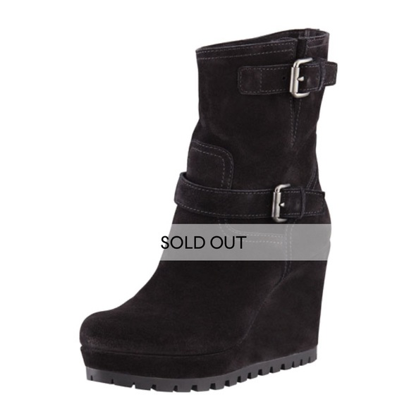 PRADA Black Suede Double Buckle Wedge Ankle Booties Boots - Picture 9 of 13